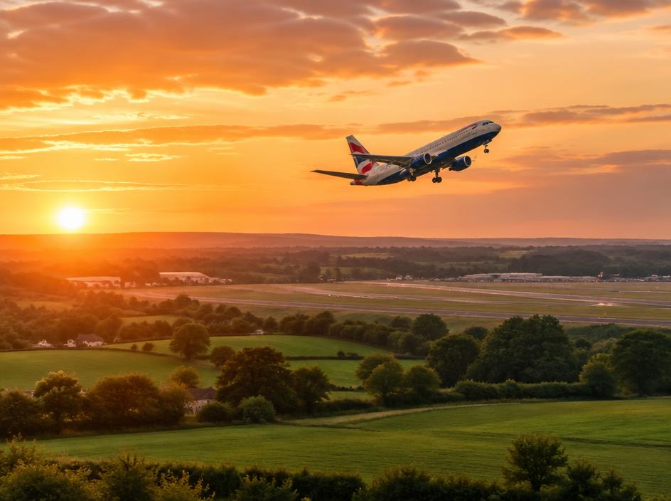 Aircraft departing at sunset — taxi transfers to Gatwick Airport