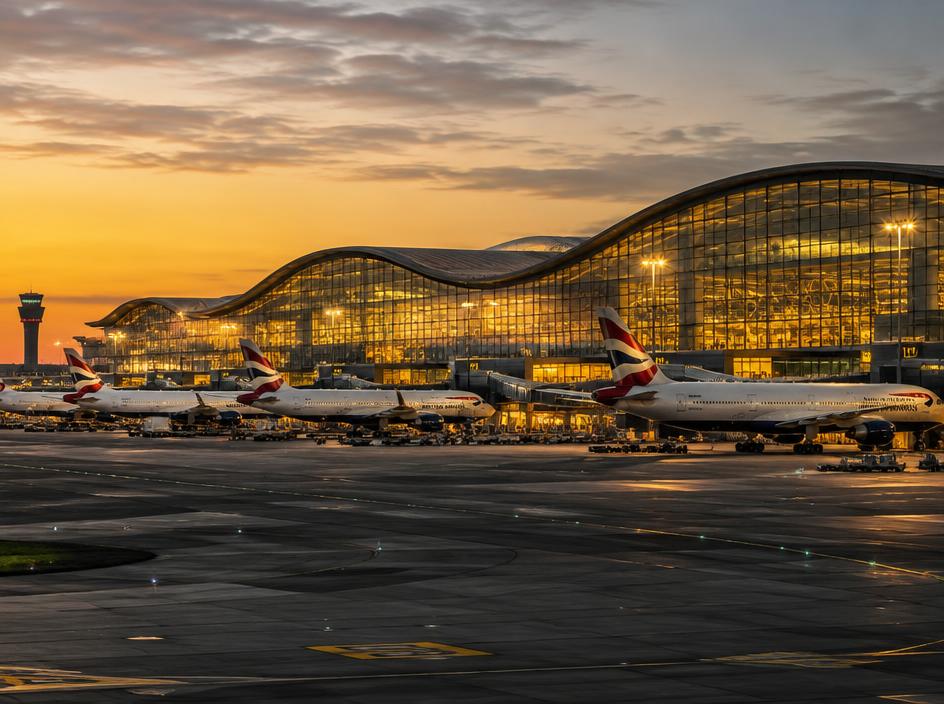 Airport terminal at dusk — taxi transfers to Heathrow Airport