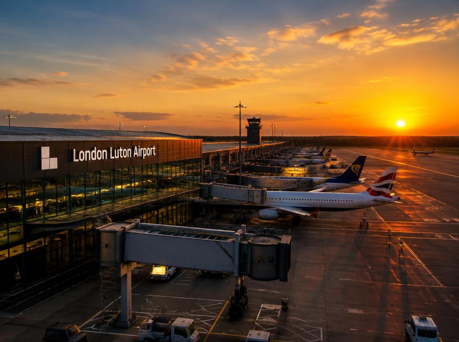 Terminal and aircraft at sunset — taxi transfers to Luton Airport