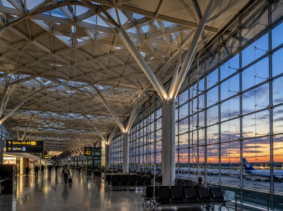 Terminal with lattice roof at dusk — taxi transfers to Stansted Airport